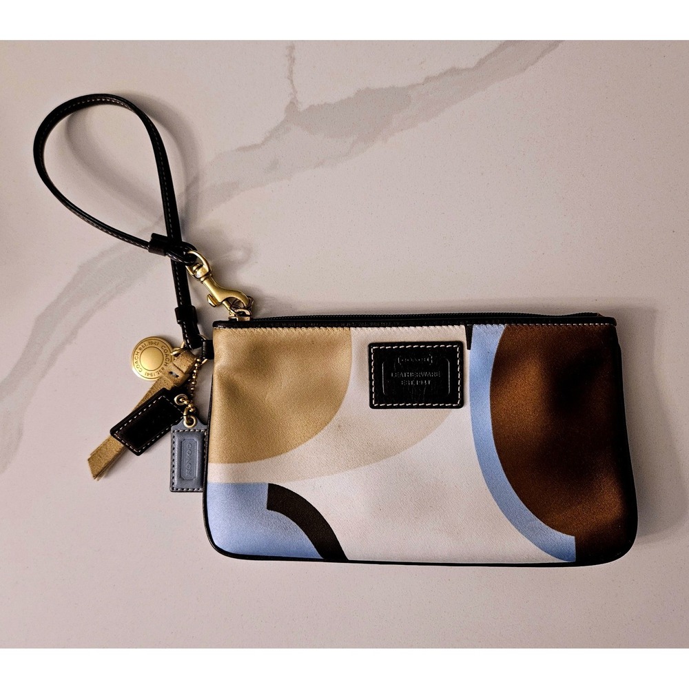 Coach Wristlet Women OS Brown Blue Satin Abstract Geometric Good Retro Tassel